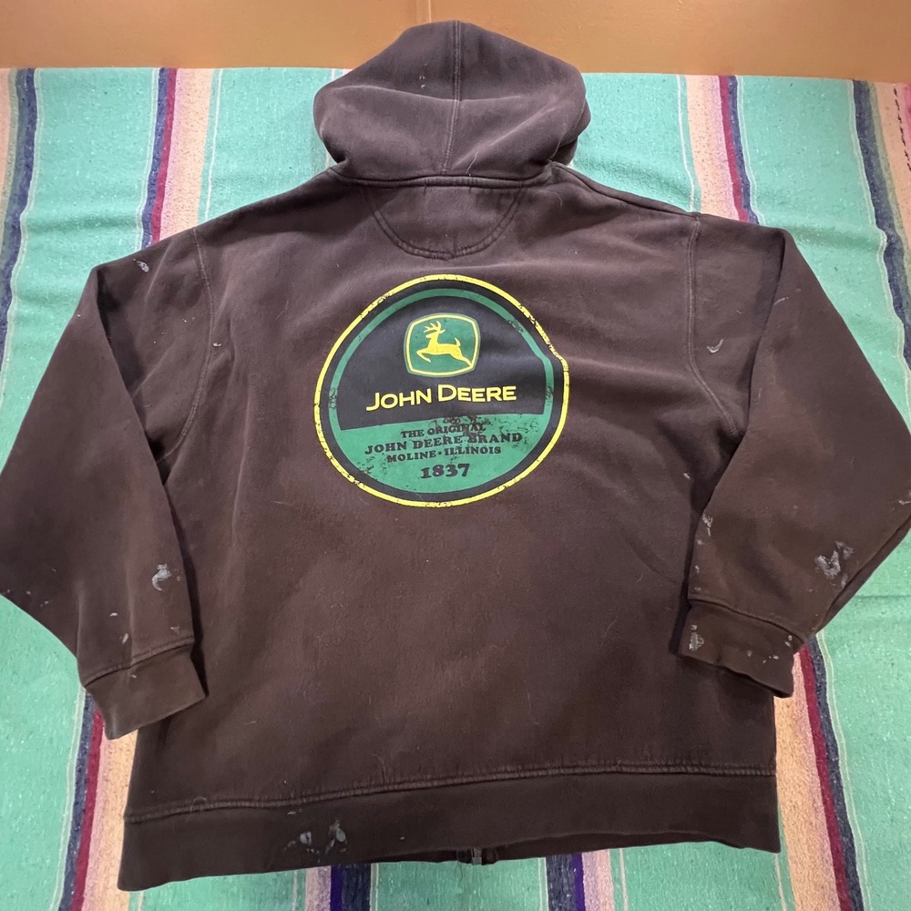 John Deere Hoodie Mens XXL Brown Paint Splatter Distressed Graphic Full Zip
